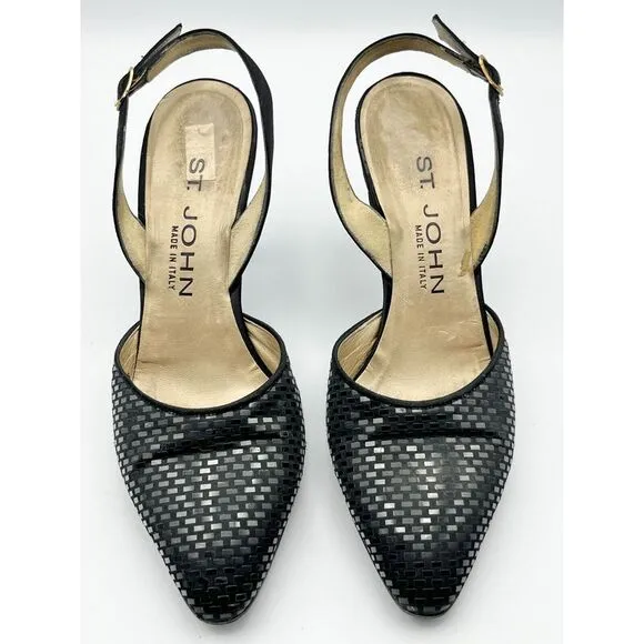 WORN ONCE St. John Slingback Heels Pointed Sparkly  Leather Black‎ Womens 5.5B
