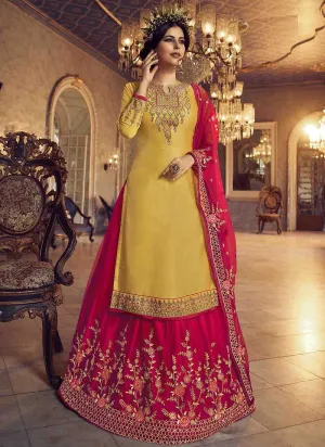 Yellow and Pink Heavy Embroidered Lehenga/ Pant Style Suit