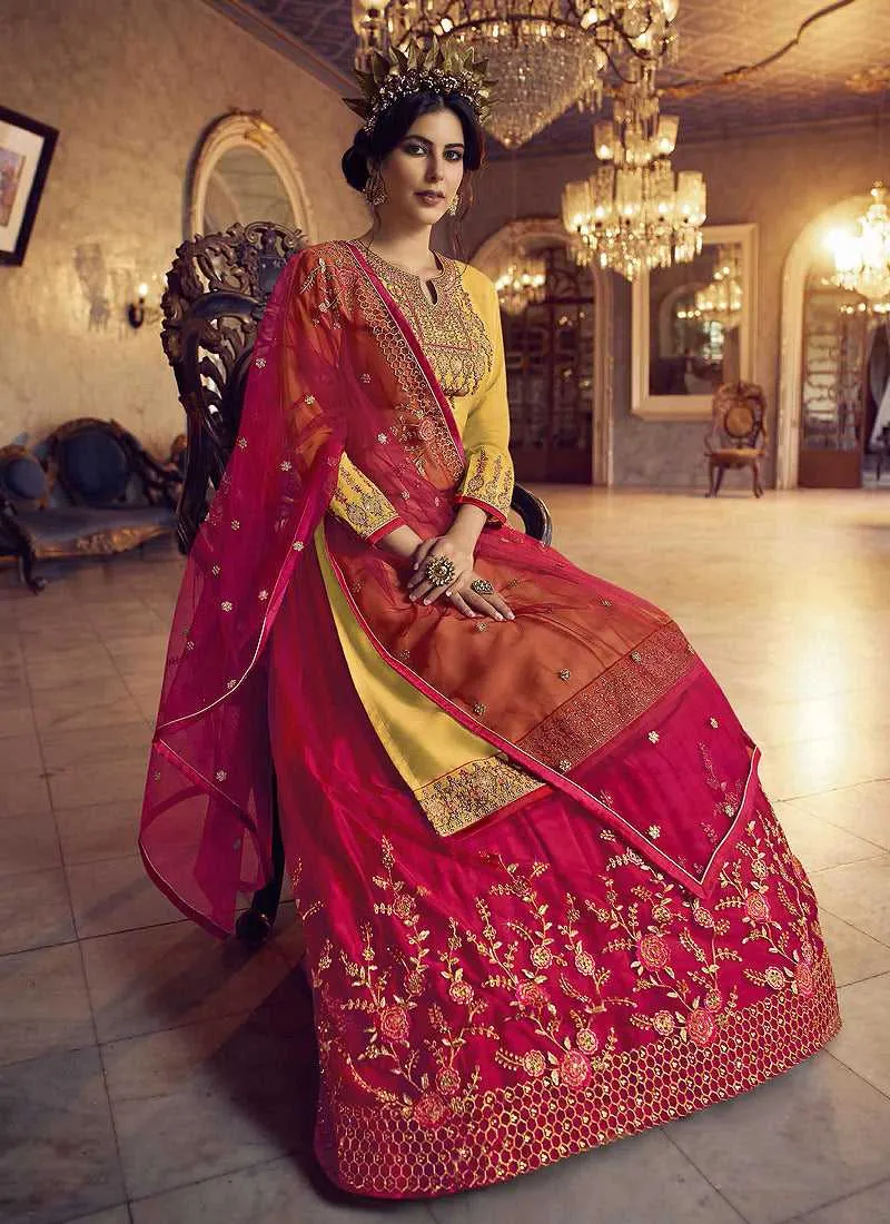 Yellow and Pink Heavy Embroidered Lehenga/ Pant Style Suit