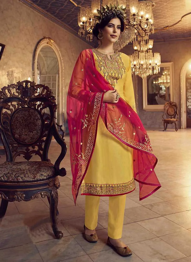 Yellow and Pink Heavy Embroidered Lehenga/ Pant Style Suit