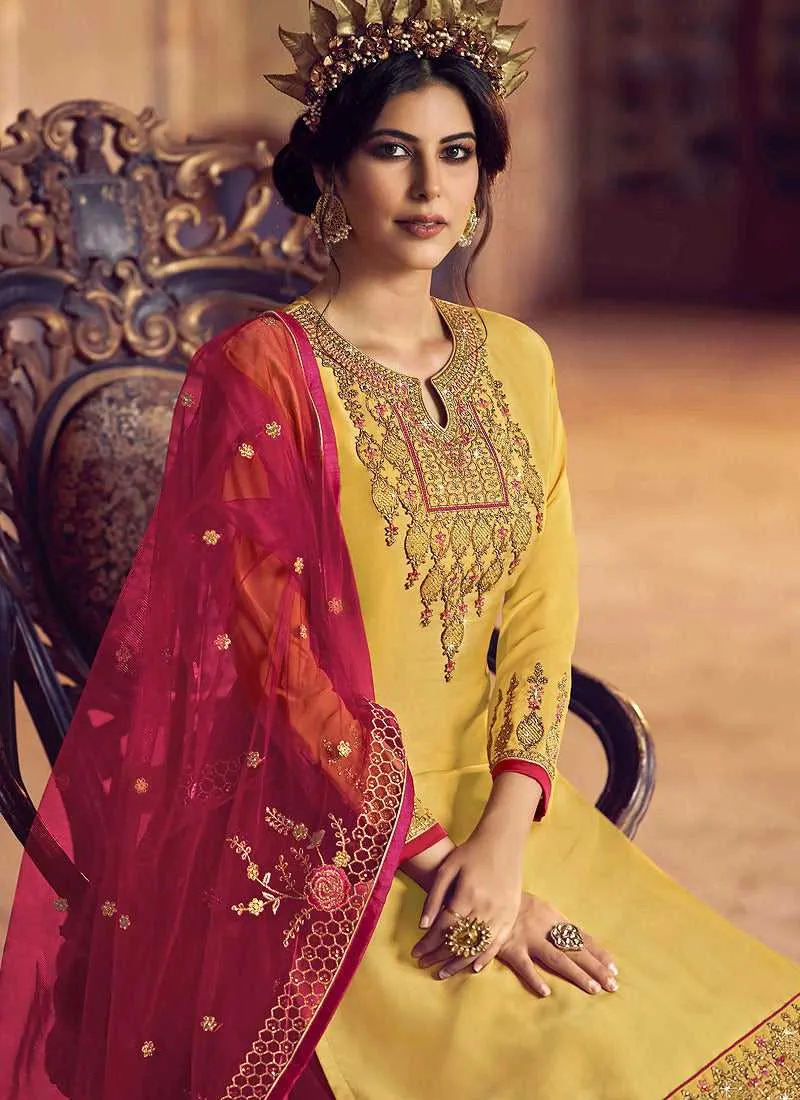Yellow and Pink Heavy Embroidered Lehenga/ Pant Style Suit