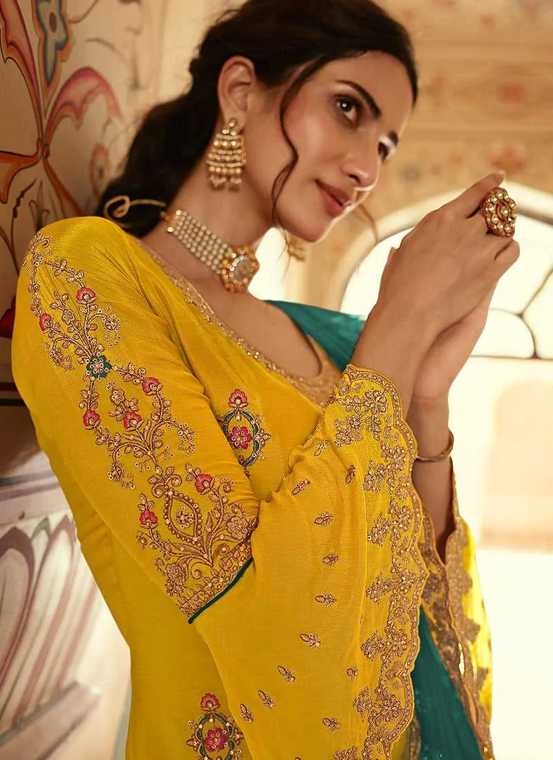 Yellow and Teal Designer Heavy Embroidered Lehenga