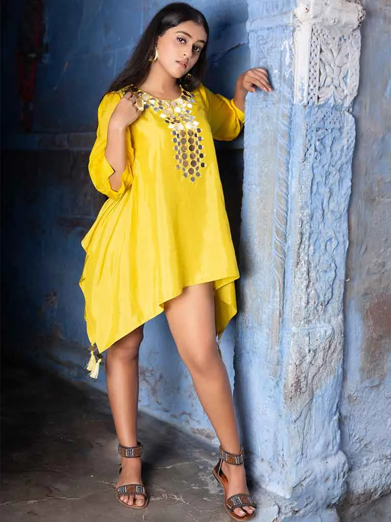 Yellow Hankerchief Top With Mirror Work