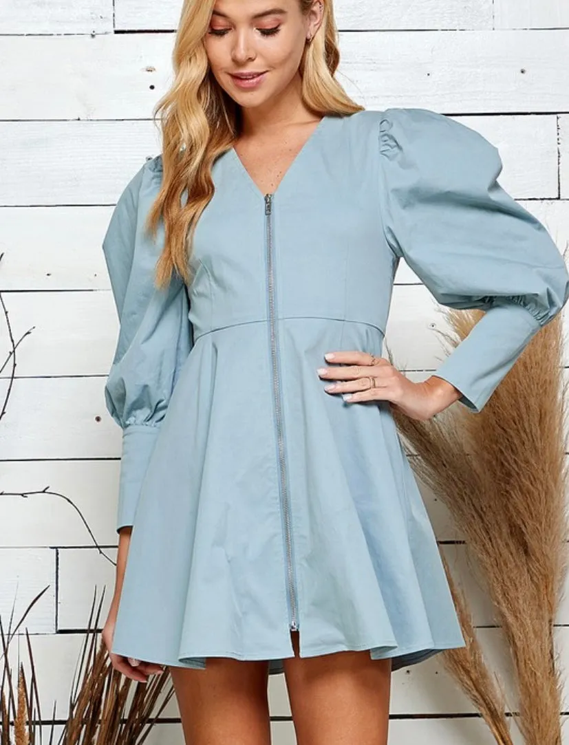 Zipper Front Cuff Sleeve Mini Dress