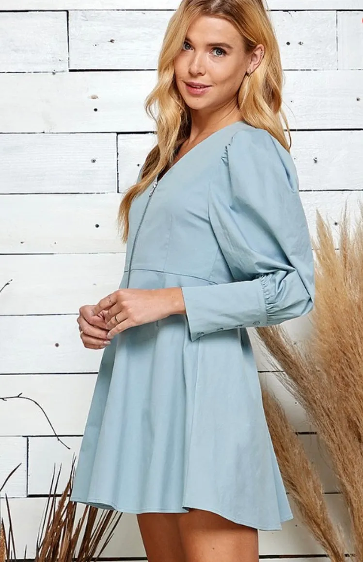 Zipper Front Cuff Sleeve Mini Dress